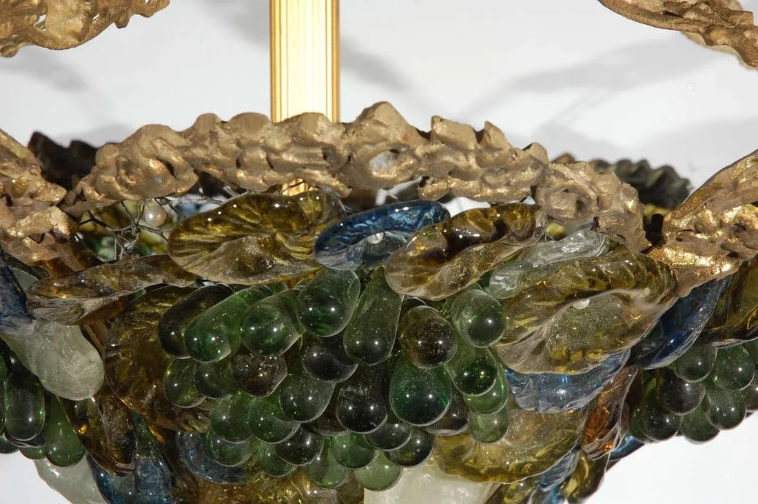 Art Deco Art Glass & Brass Chandelier - 8