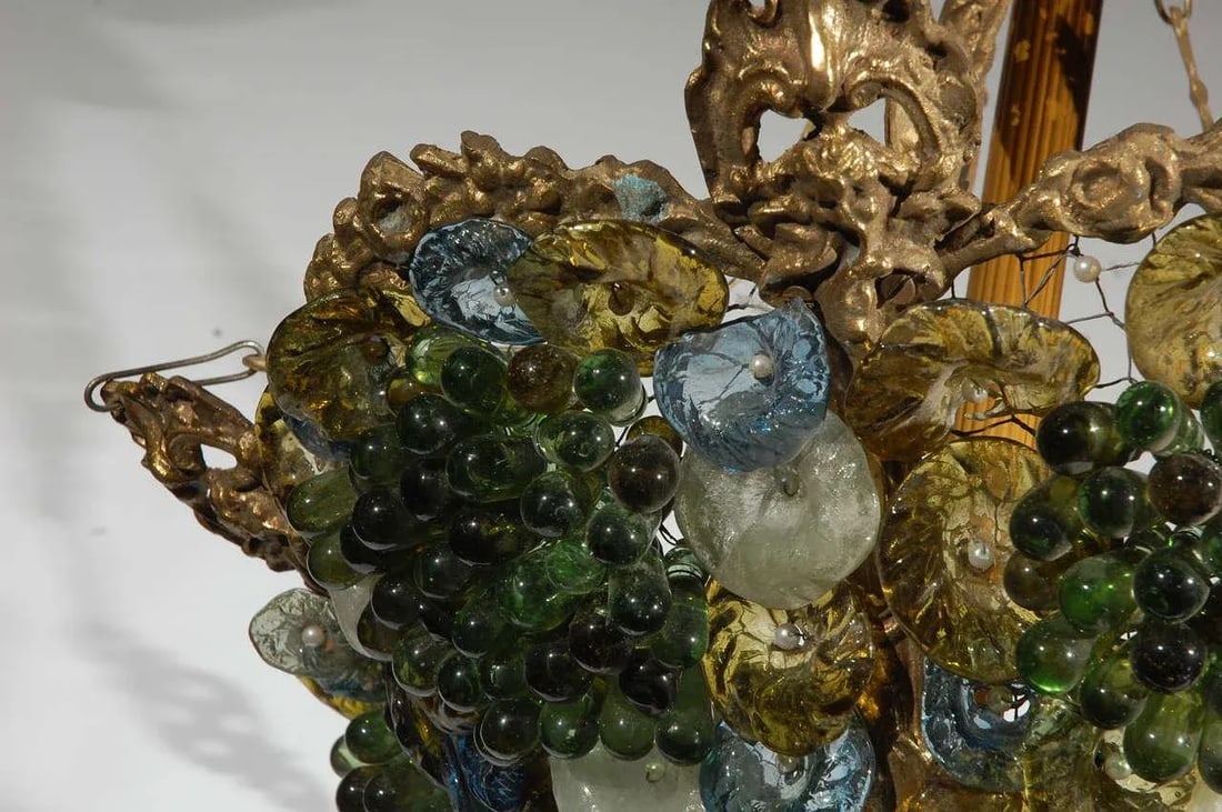 Art Deco Art Glass & Brass Chandelier - 9