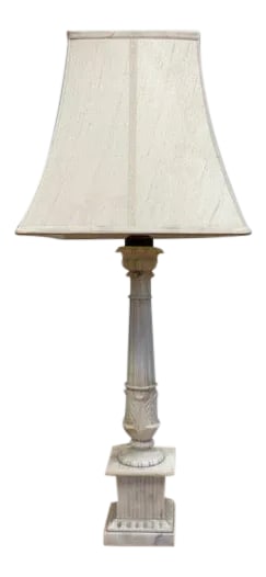 1920s Antique Marble Column Lamp With Silk Shade: Antique carved marble column lamp. Originally acquired from an upscale estate in New York. Estimated to be from 1920's or 30's. Wiring is original, its tested and works however you may want to have