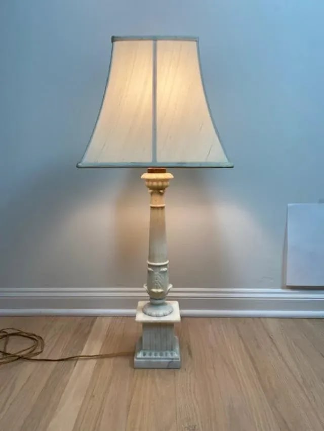 1920s Antique Marble Column Lamp With Silk Shade - 2