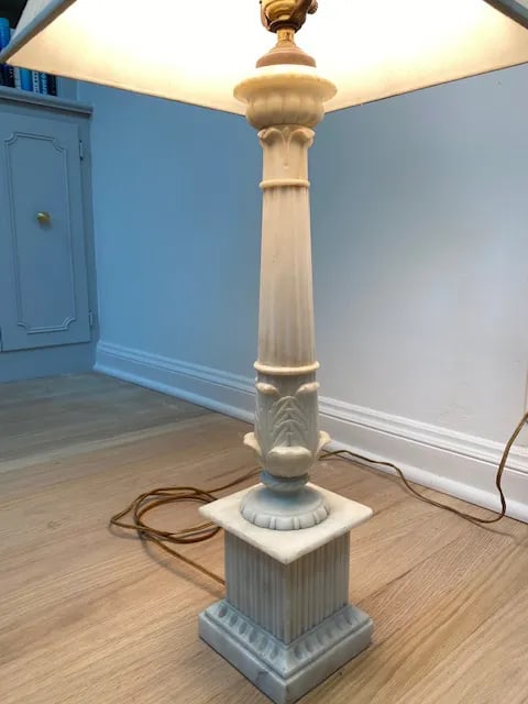 1920s Antique Marble Column Lamp With Silk Shade - 3