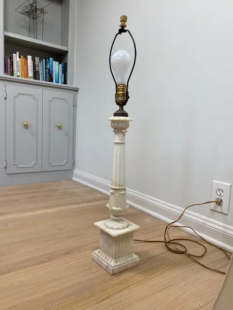 1920s Antique Marble Column Lamp With Silk Shade - 5
