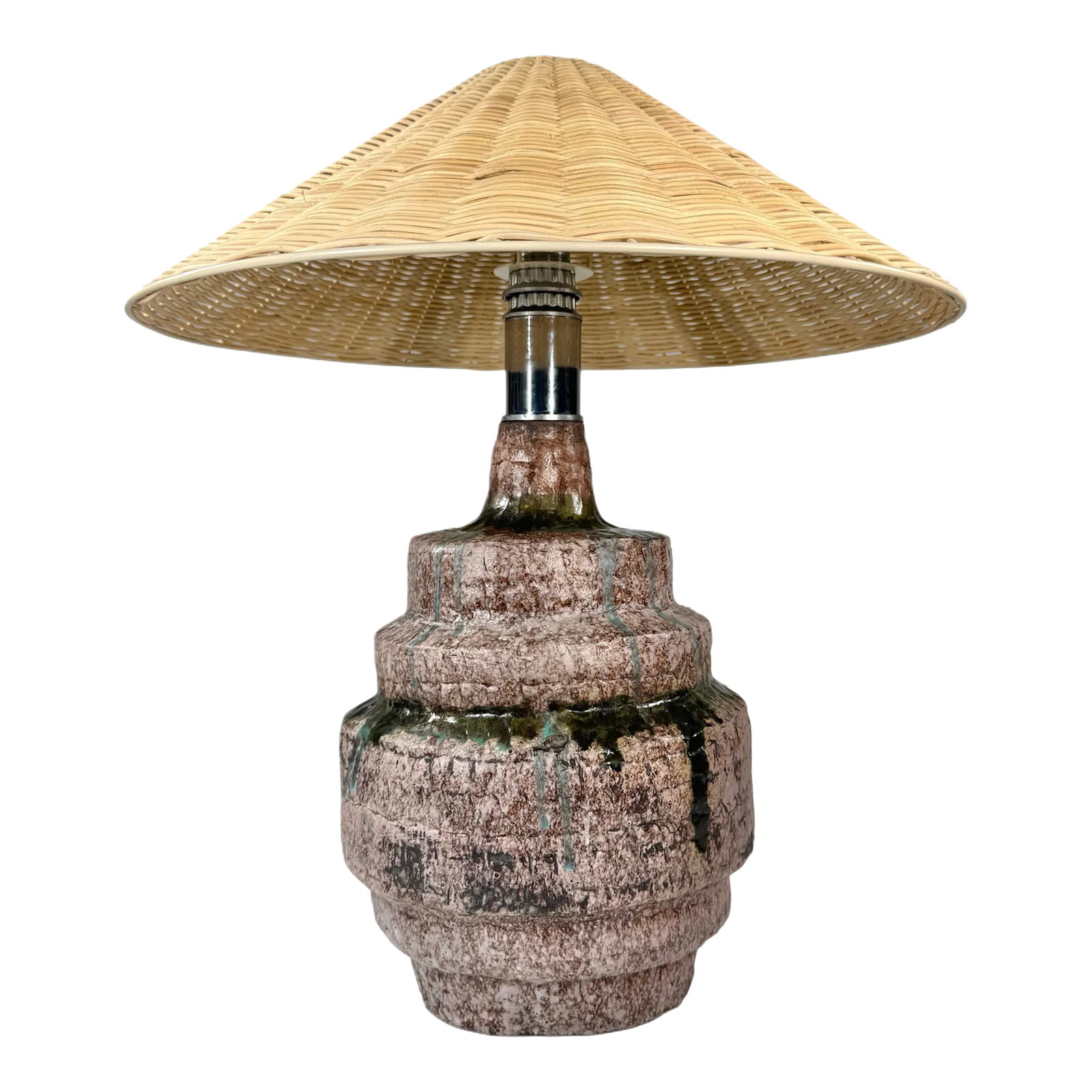 Midcentury Volcanic-Looking Lamp: A sizable lamp from the 60s/70s that is extraordinarily hefty with a colorful glaze in pink and green earthen tones. This will need to be rewired with US fittings. A woven wicker shade is included.