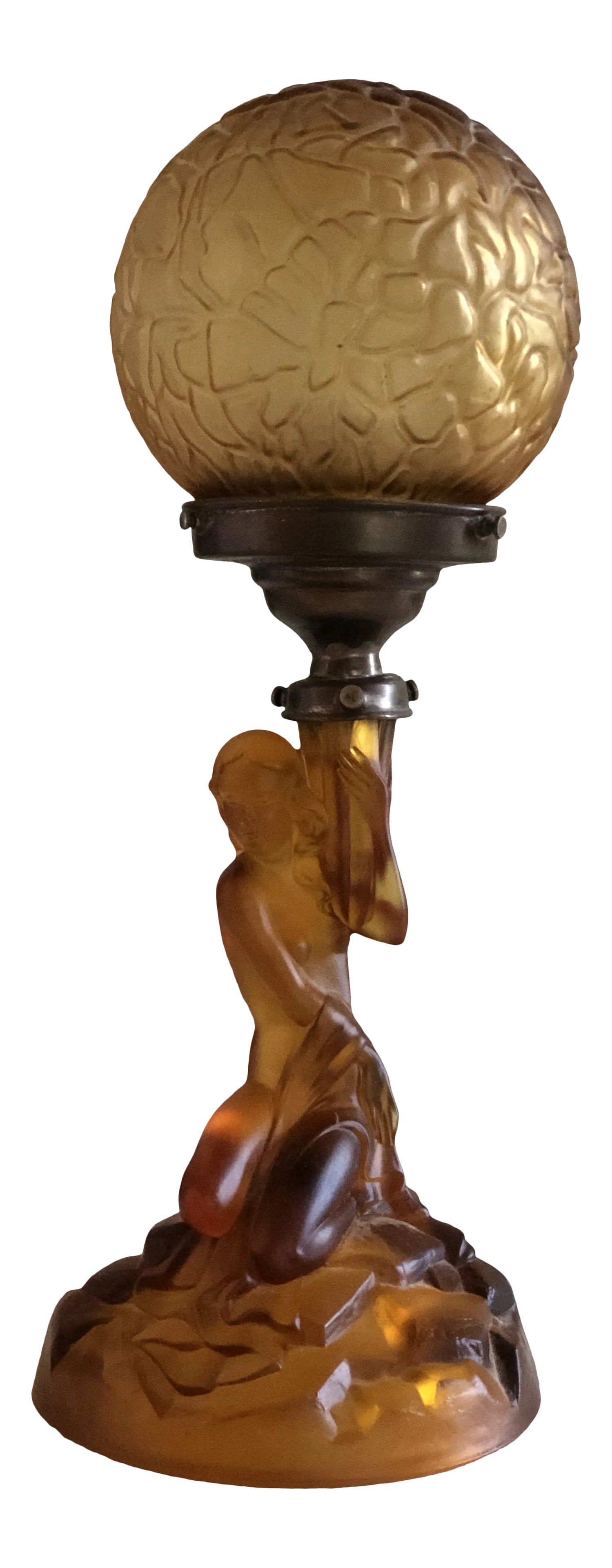 Art Deco Walther and Sohne Amber Glass Woman Globe Lamp: Beautiful amber glass Art Deco figurative lamp by Walther and Sohne in excellent working condition. The lamp is in excellent condition. The original cord has been taped and shows some fraying but is s