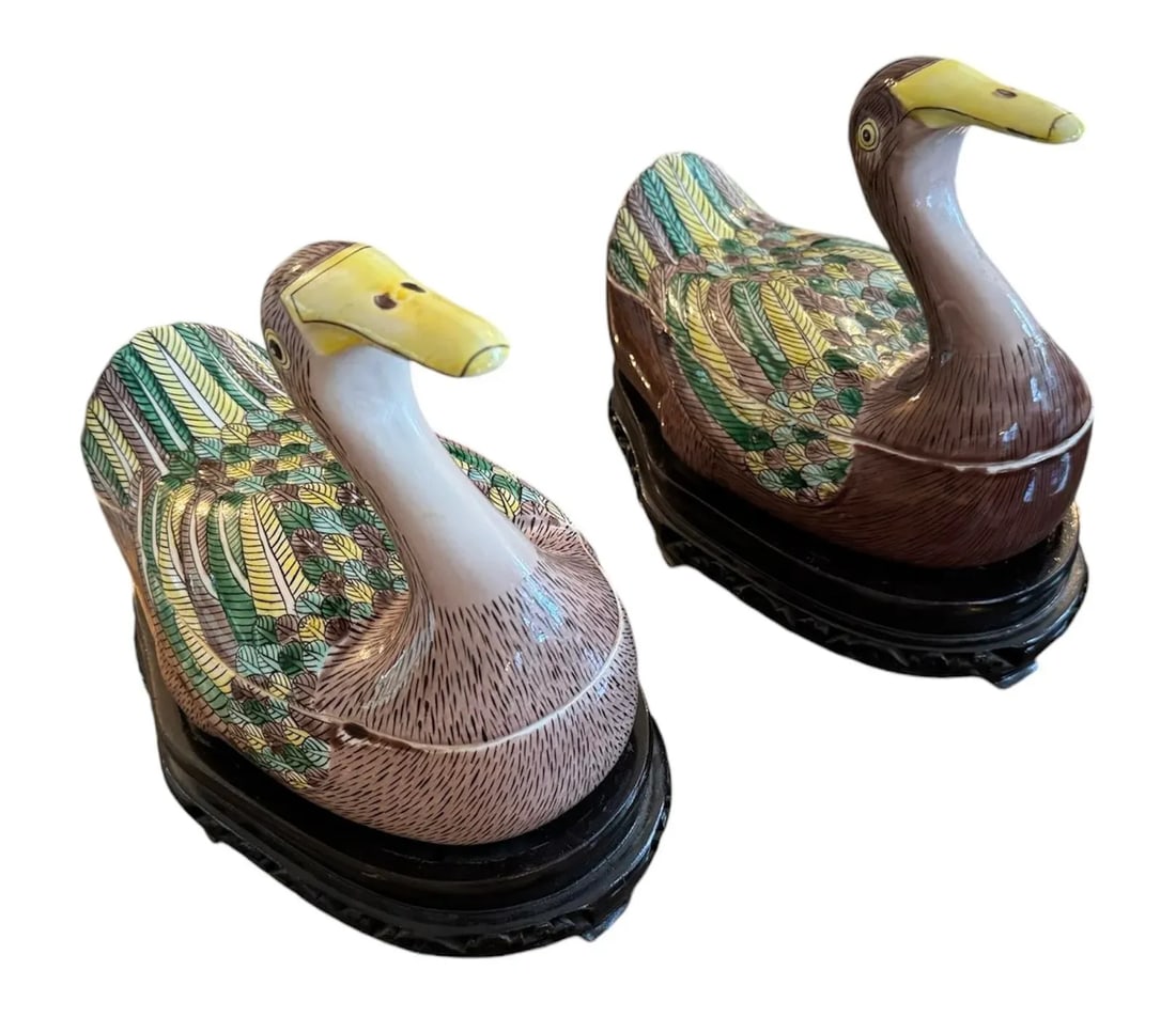 Vintage Chinese Export Duck Tureens/Boxes on Carved Bases - 11