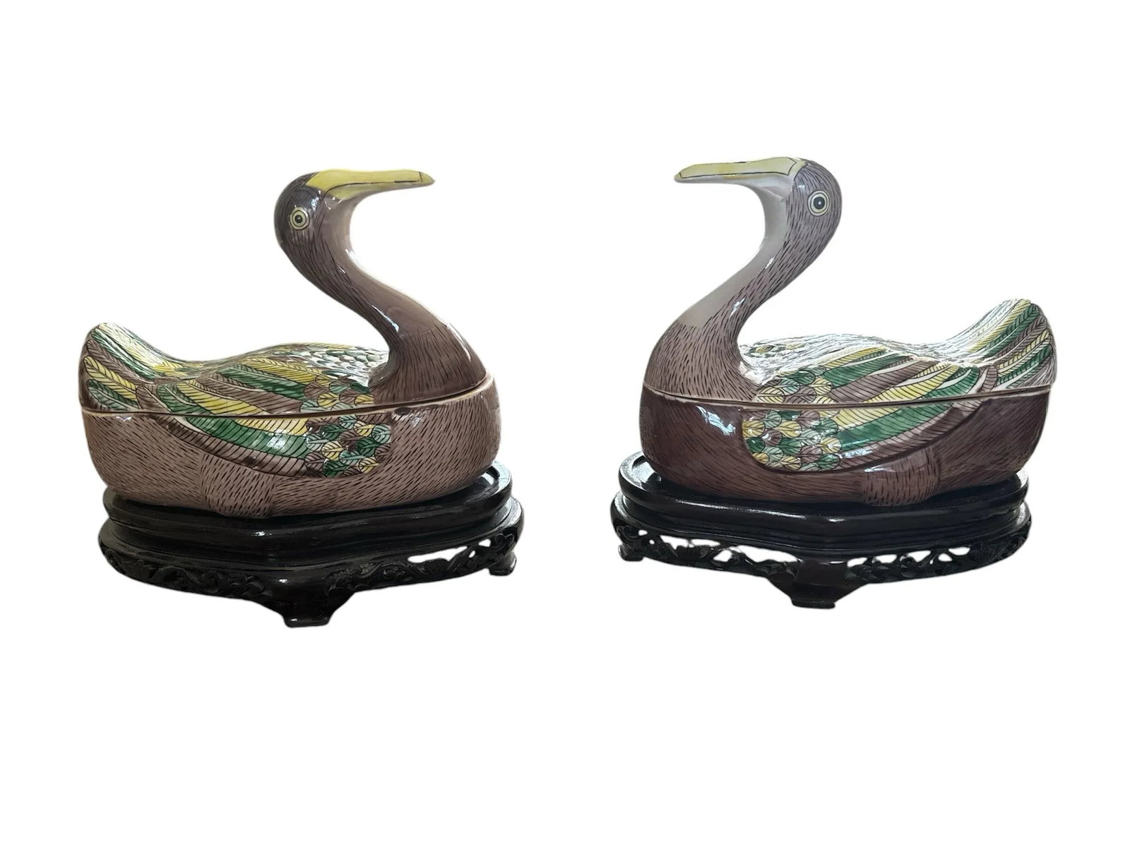 Vintage Chinese Export Duck Tureens/Boxes on Carved Bases - 12
