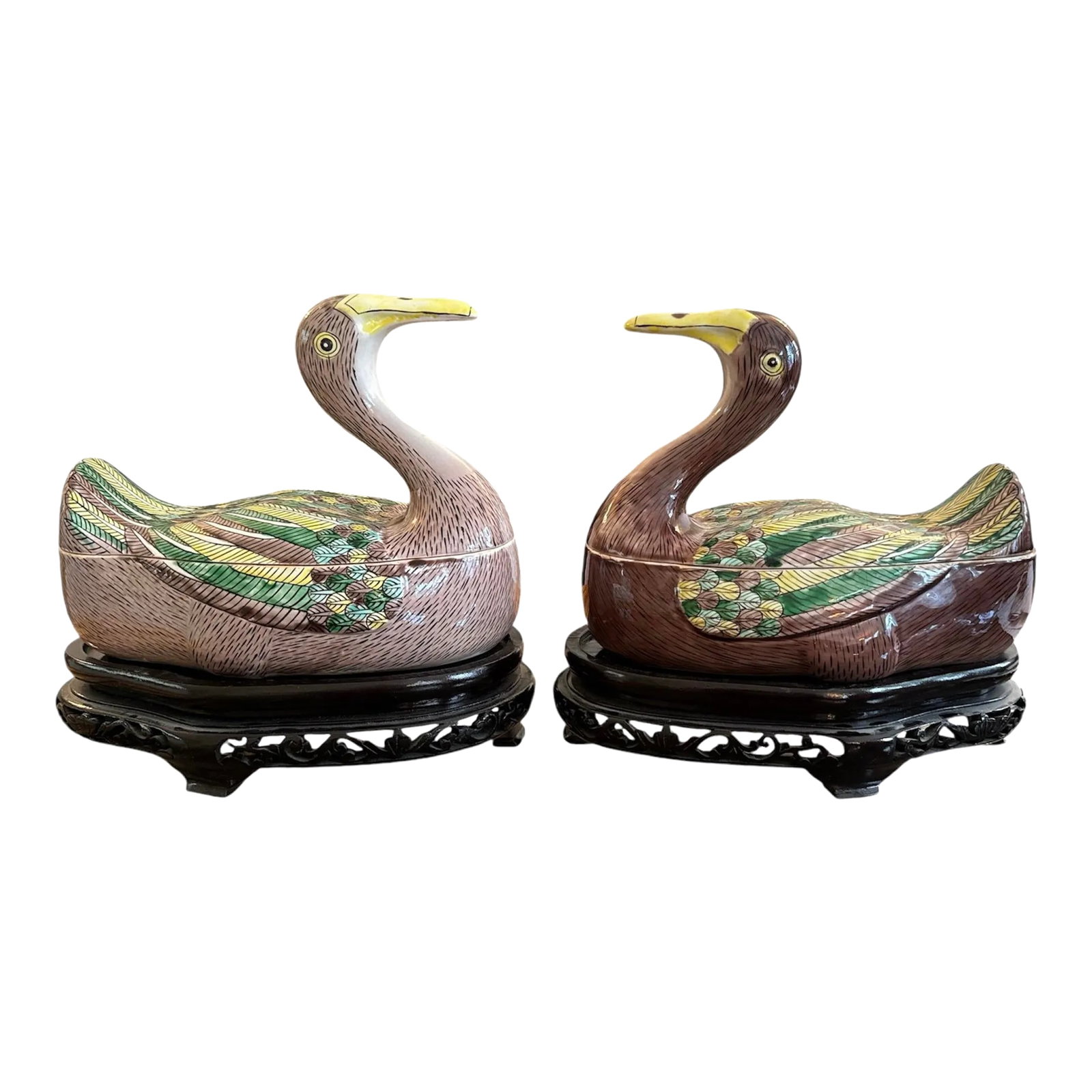 Vintage Chinese Export Duck Tureens/Boxes on Carved Bases: Chinese export duck tureens or boxes. Both sit on carved wood bases. Turquoise glazed interior. Purple, yellow and green painted exterior. Condition: Alterations: Original Condition Unaltered