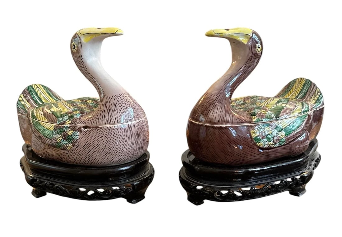 Vintage Chinese Export Duck Tureens/Boxes on Carved Bases - 2