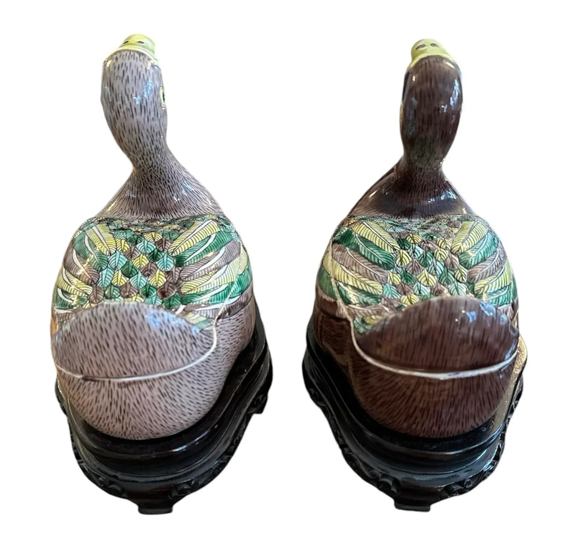 Vintage Chinese Export Duck Tureens/Boxes on Carved Bases - 7