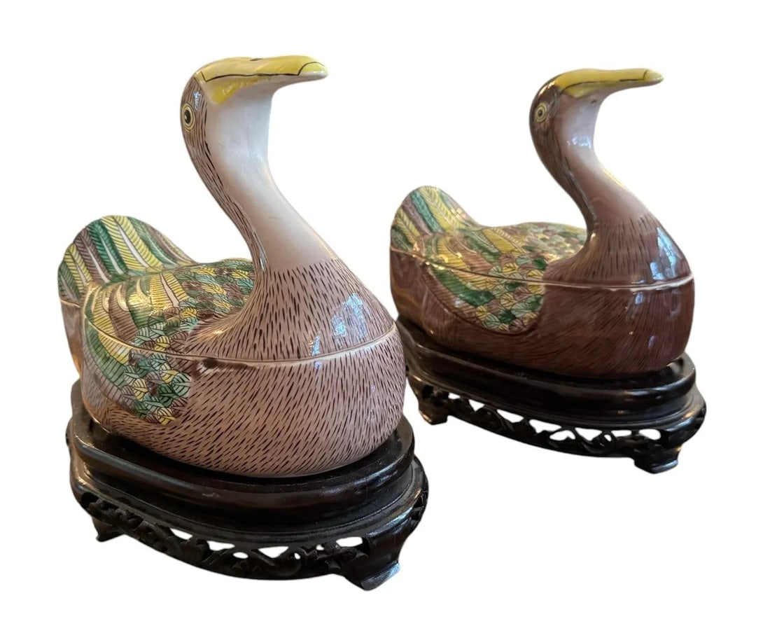Vintage Chinese Export Duck Tureens/Boxes on Carved Bases - 8