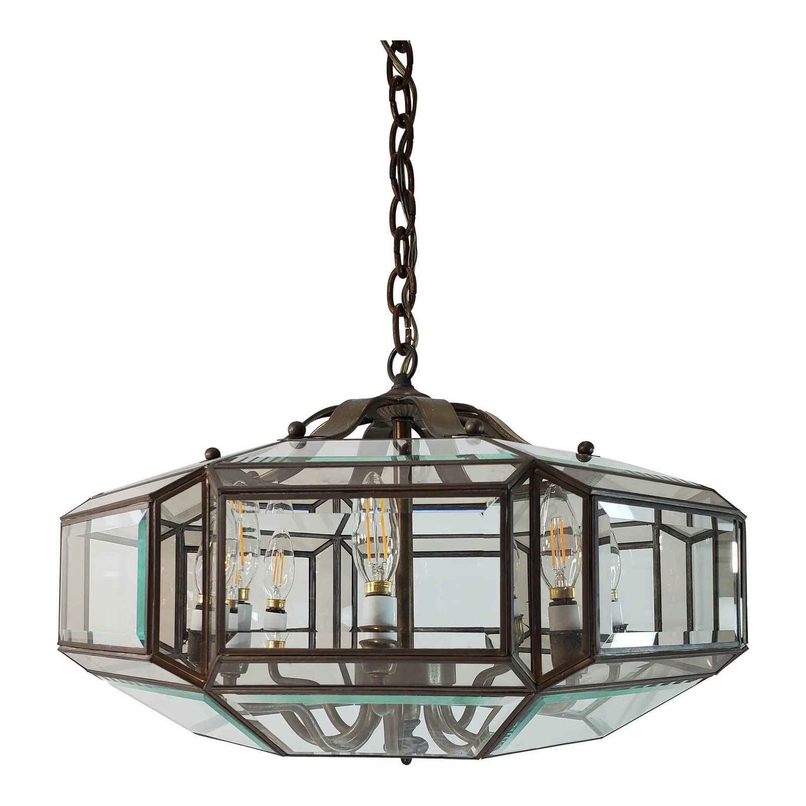 1970s Mid-Century Modern 8-Light Brass and Beveled Glass Chandelier Pendant (1 of 11)