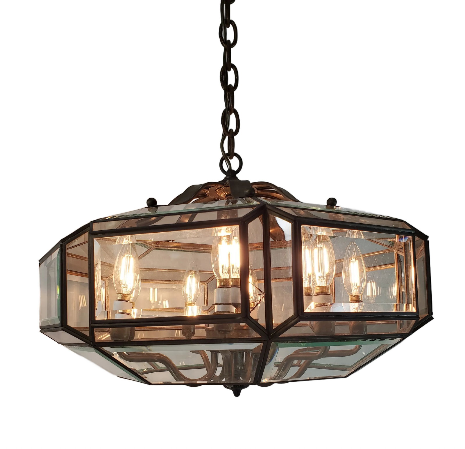 1970s Mid-Century Modern 8-Light Brass and Beveled Glass Chandelier Pendant - 2