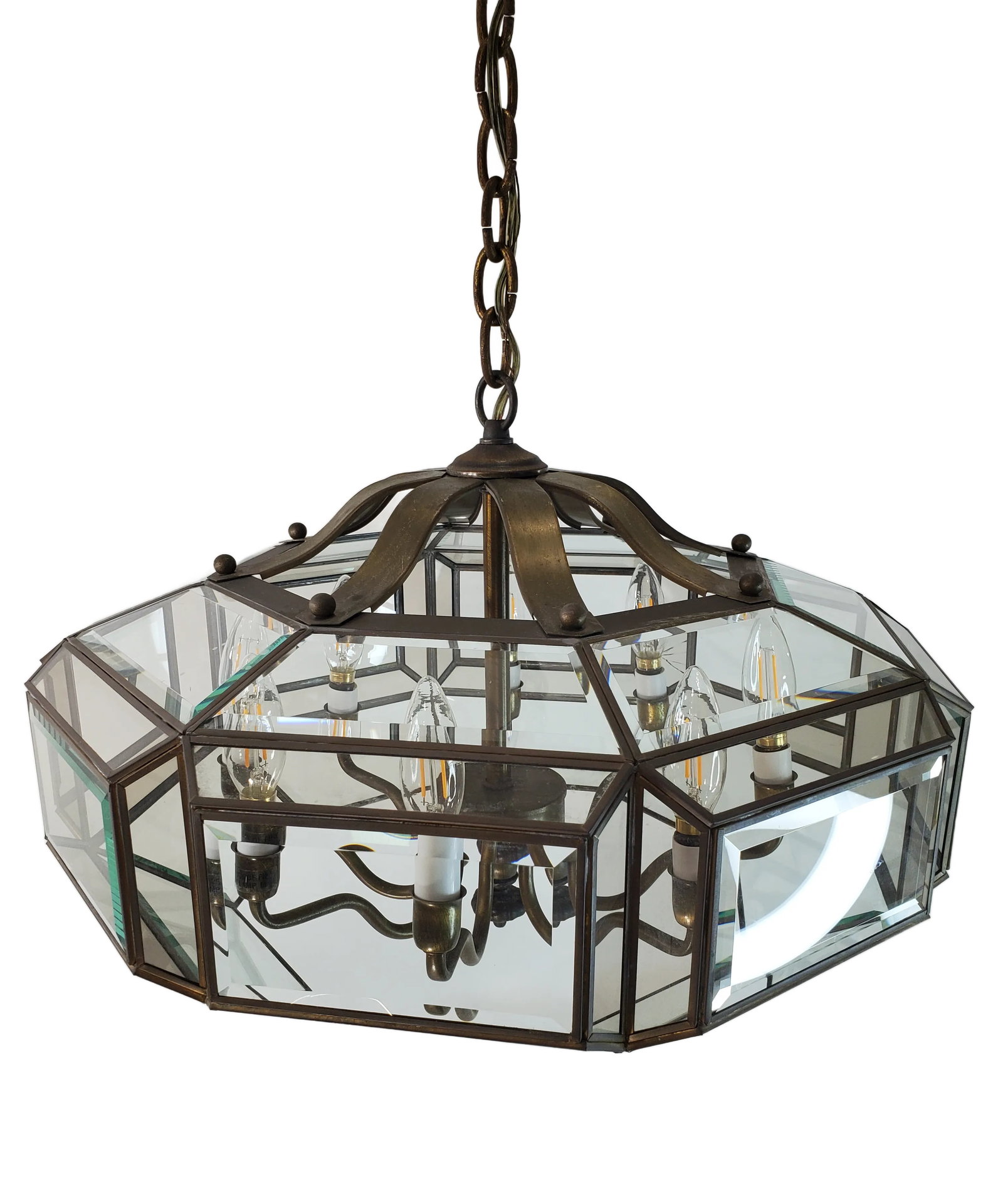 1970s Mid-Century Modern 8-Light Brass and Beveled Glass Chandelier Pendant - 5