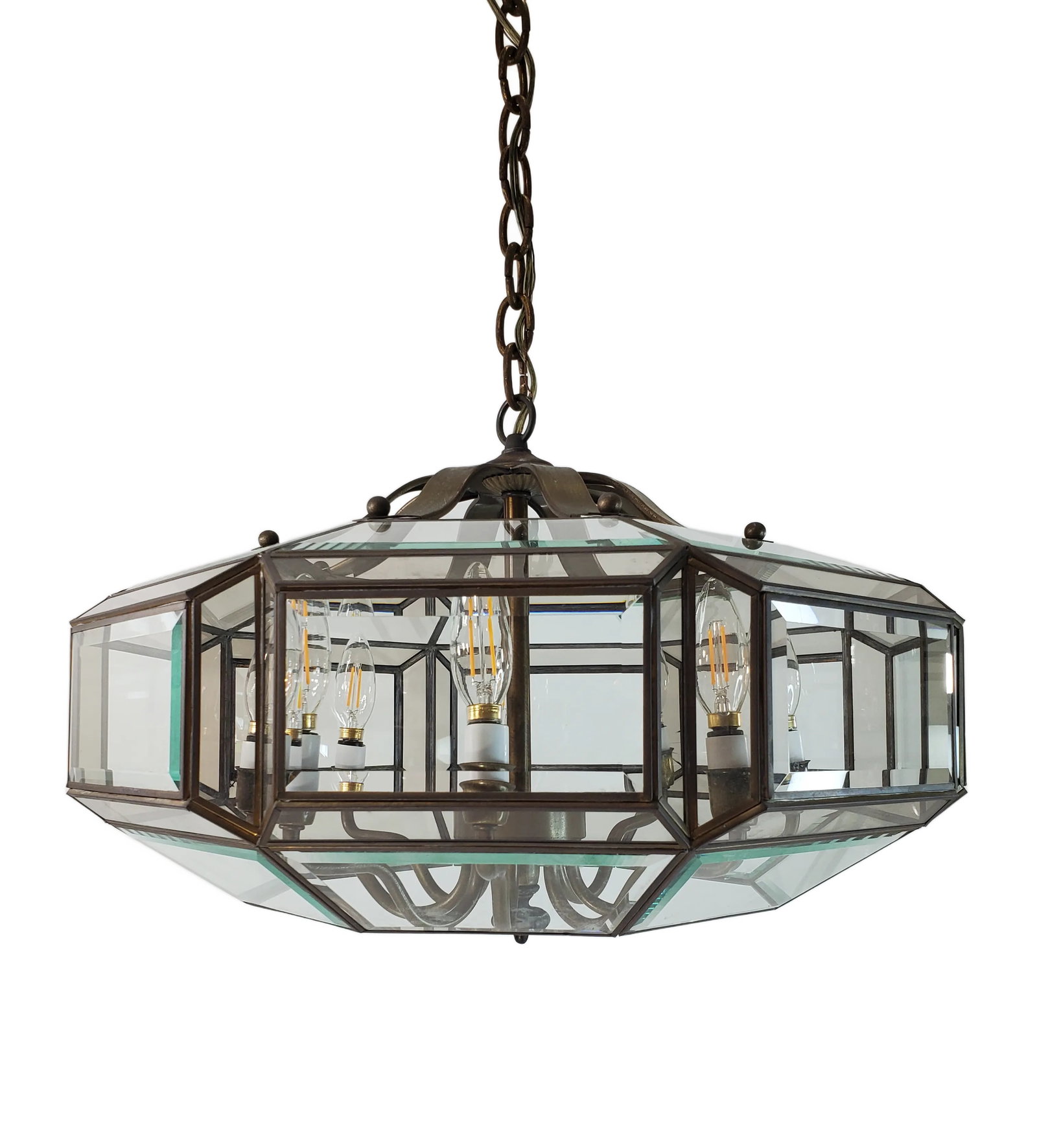 1970s Mid-Century Modern 8-Light Brass and Beveled Glass Chandelier Pendant - 6