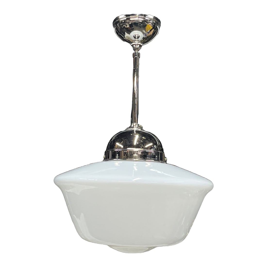 1920s Milk Glass Schoolhouse Shade on Polished Nickel Fixture (1 of 4)
