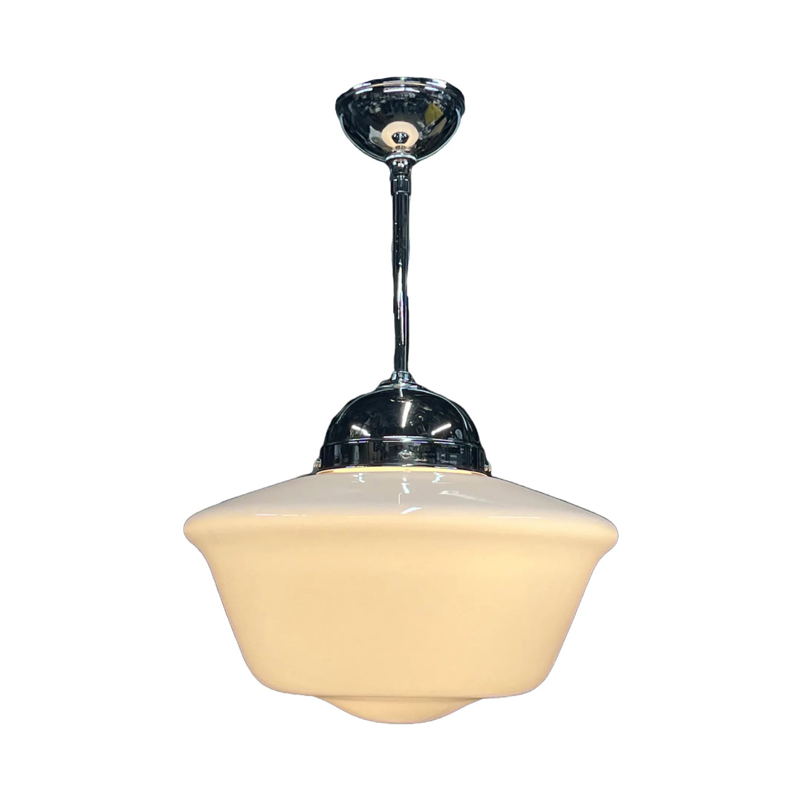 1920s Milk Glass Schoolhouse Shade on Polished Nickel Fixture - 2