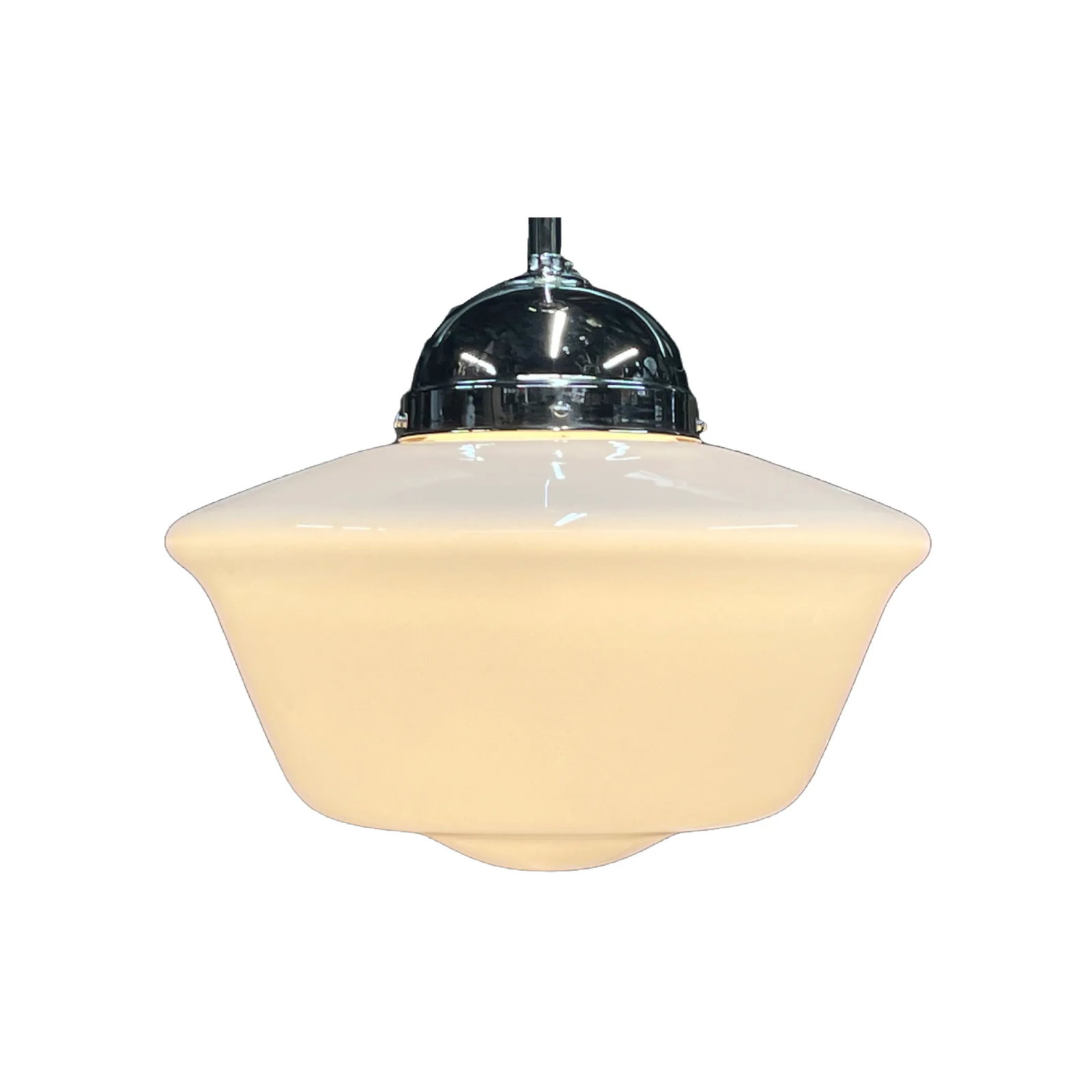 1920s Milk Glass Schoolhouse Shade on Polished Nickel Fixture - 3