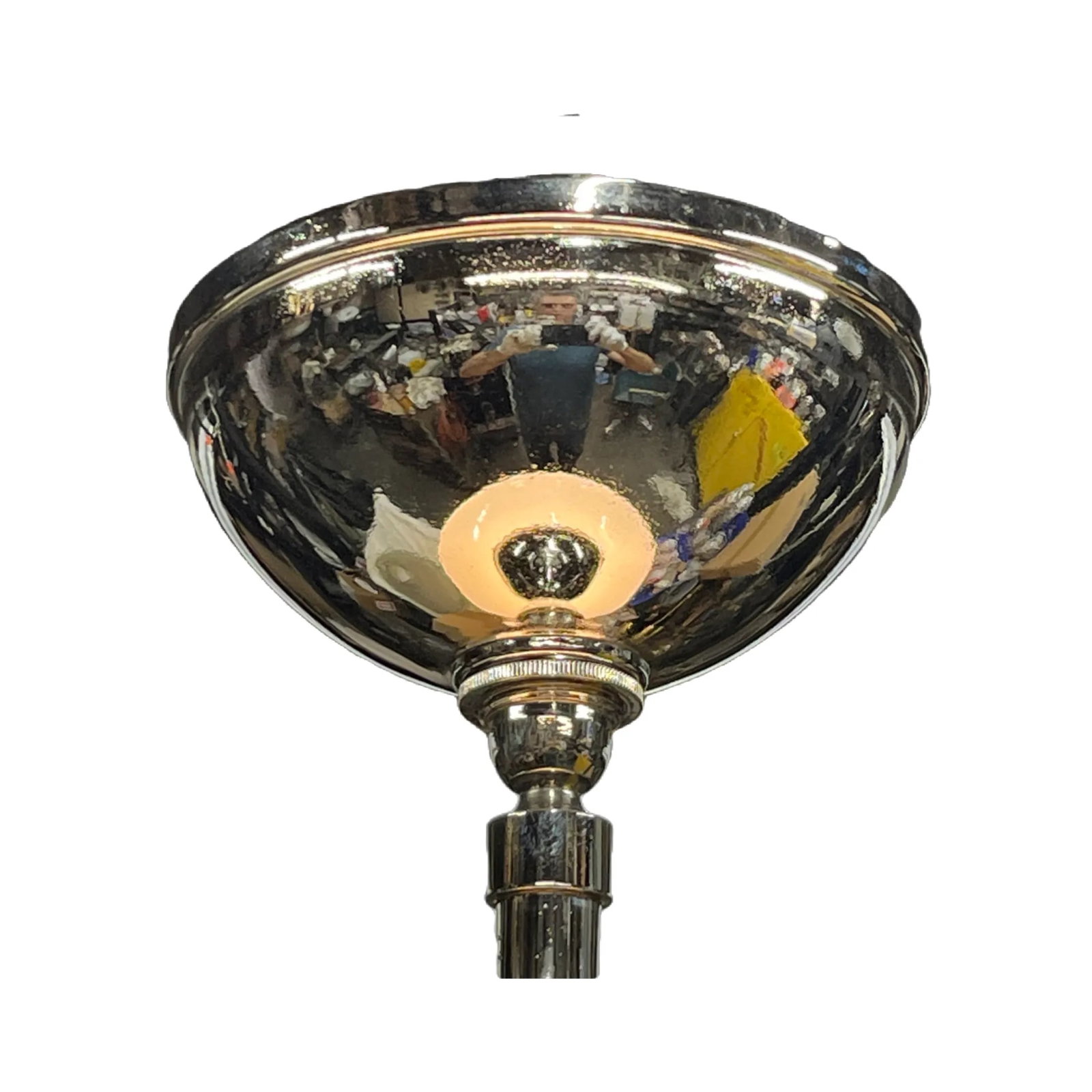 1920s Milk Glass Schoolhouse Shade on Polished Nickel Fixture - 4