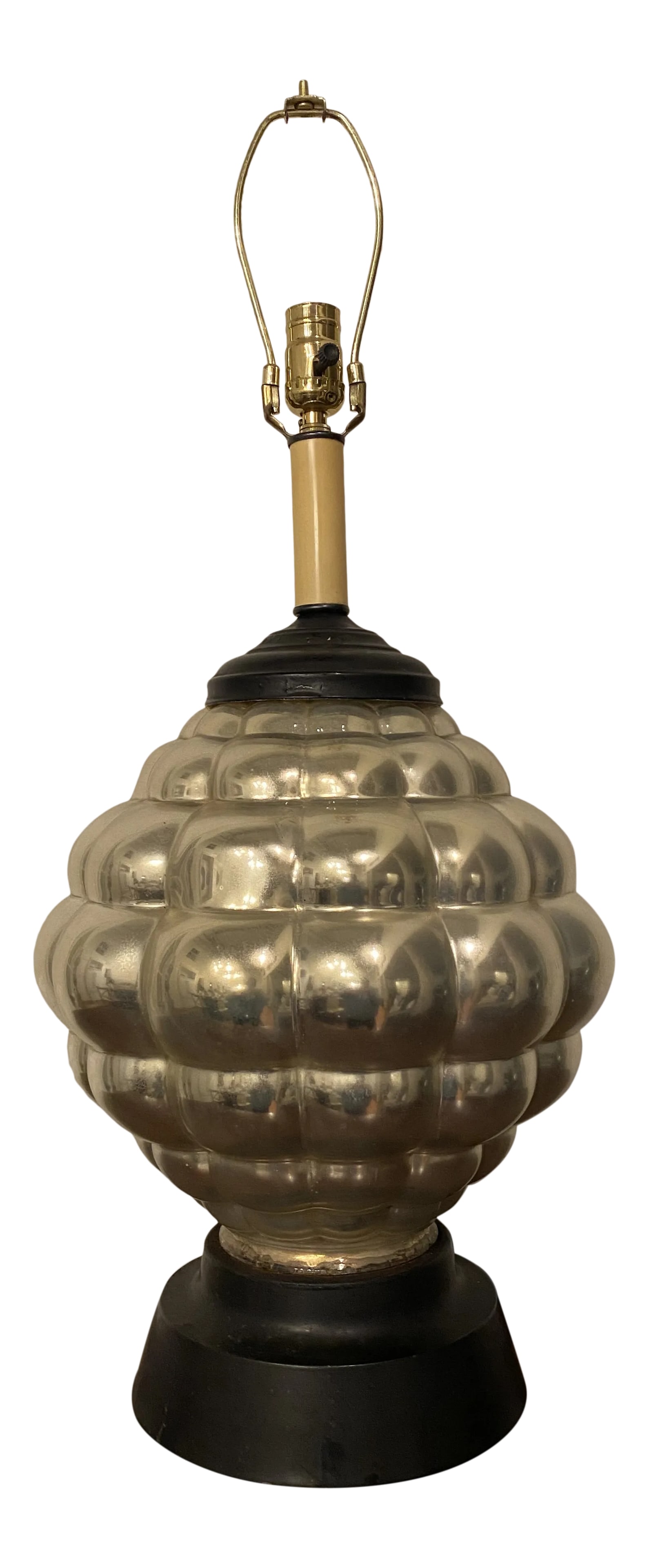 Mid-Century Mercury Glass Lamp: Lovely large unusually shaped mercury glass lamp on black painted metal base. Condition: Alterations: Original Condition Unaltered Imperfections: Some Imperfections Condition Notes: Some apparent