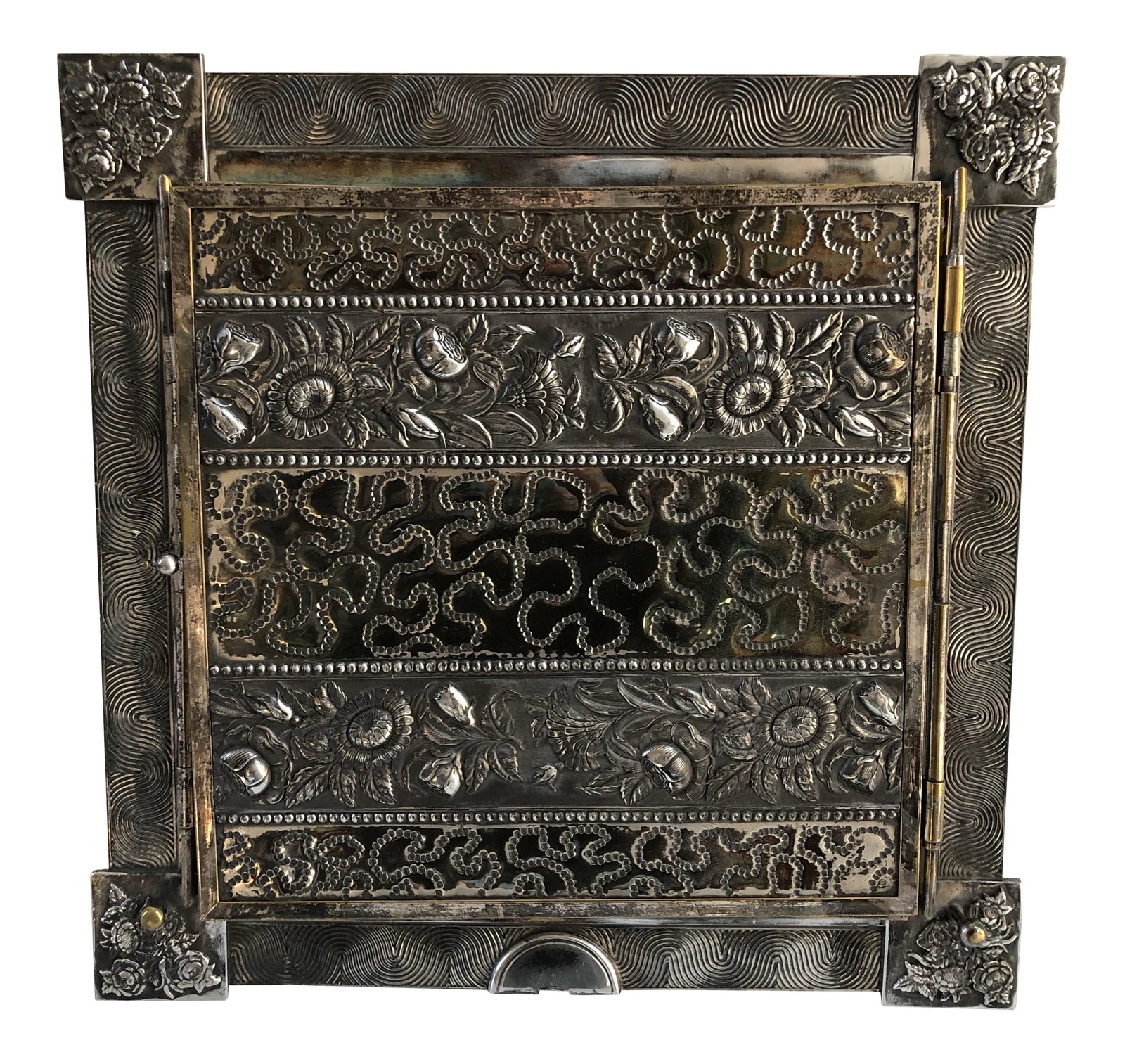 Vintage Silver Plate Over Solid Brass Moroccan Boho Chic Wall or Vanity Mirror: Very unique and very heavy silver-plate over brass mirror that can be used as a table mirror that opens or wall mirror with an attached chain on the backside. Mirror can stand on it's own with bracket