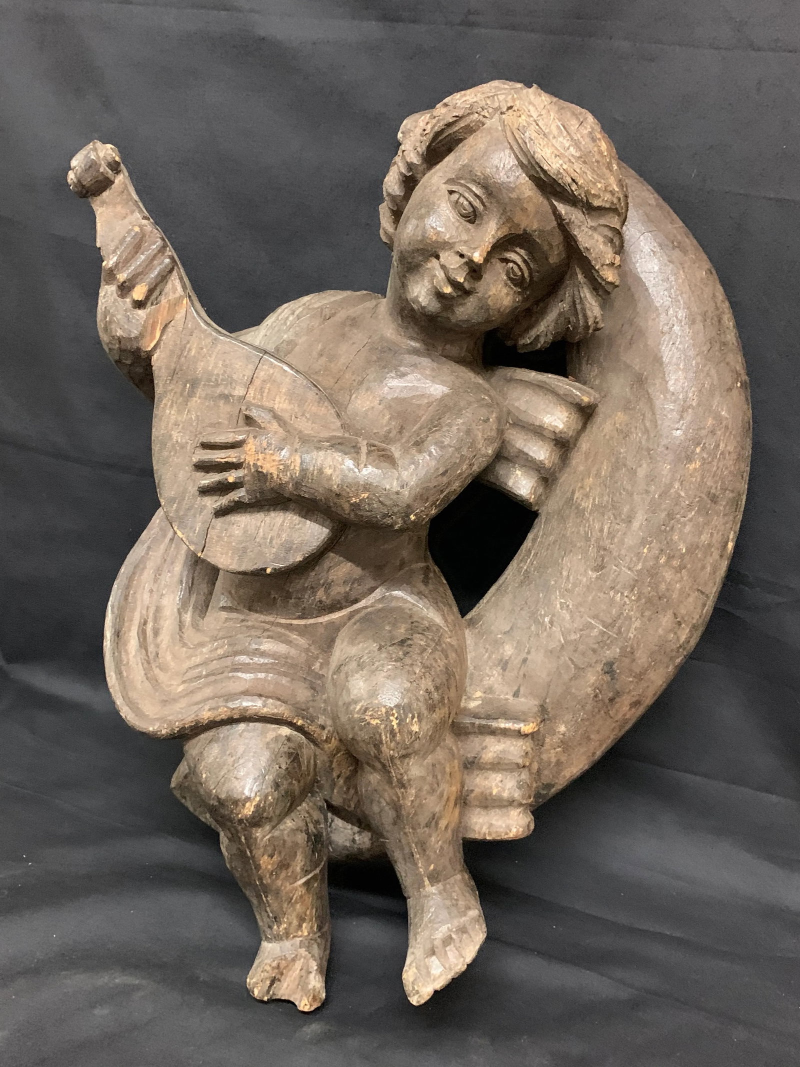 1920s Vintage Carved Wood Angel Playing Instrument Paper Mache Mold Takaan - 3