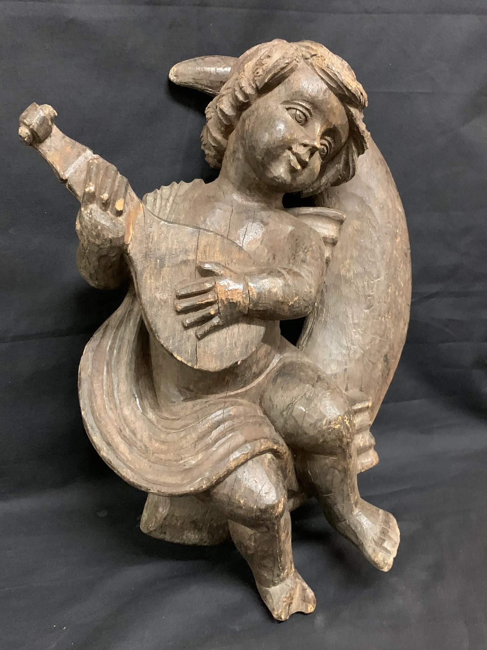 1920s Vintage Carved Wood Angel Playing Instrument Paper Mache Mold Takaan - 4