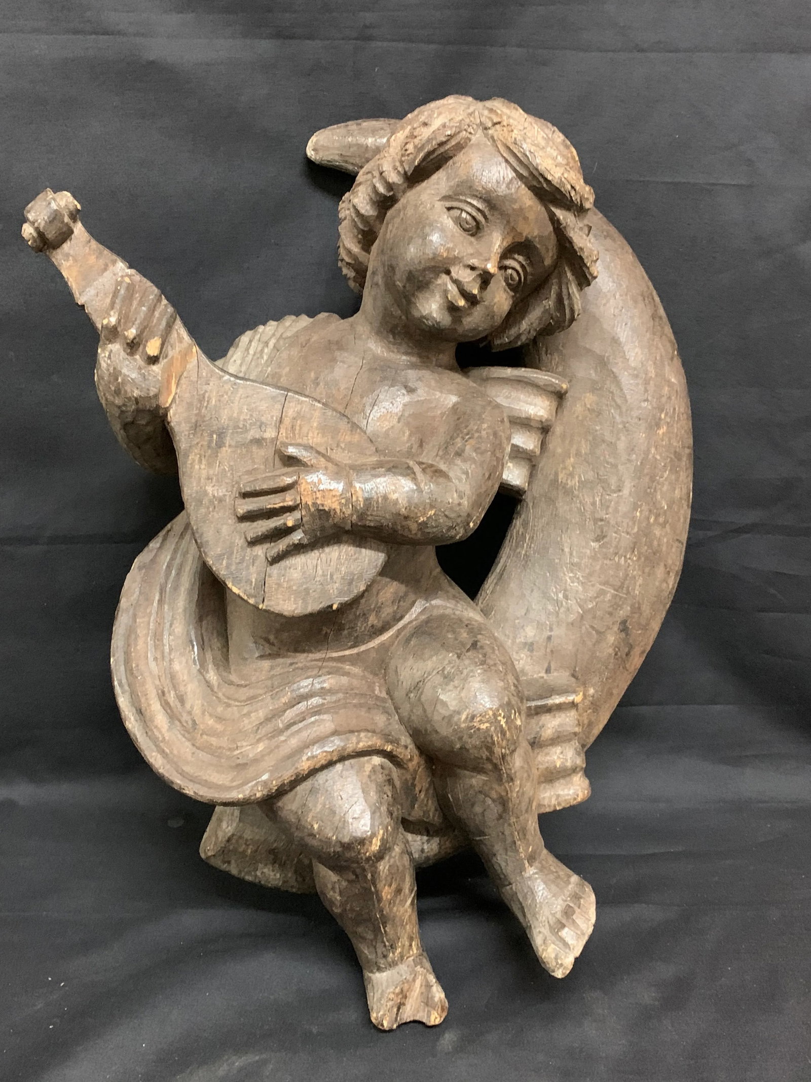 1920s Vintage Carved Wood Angel Playing Instrument Paper Mache Mold Takaan - 6