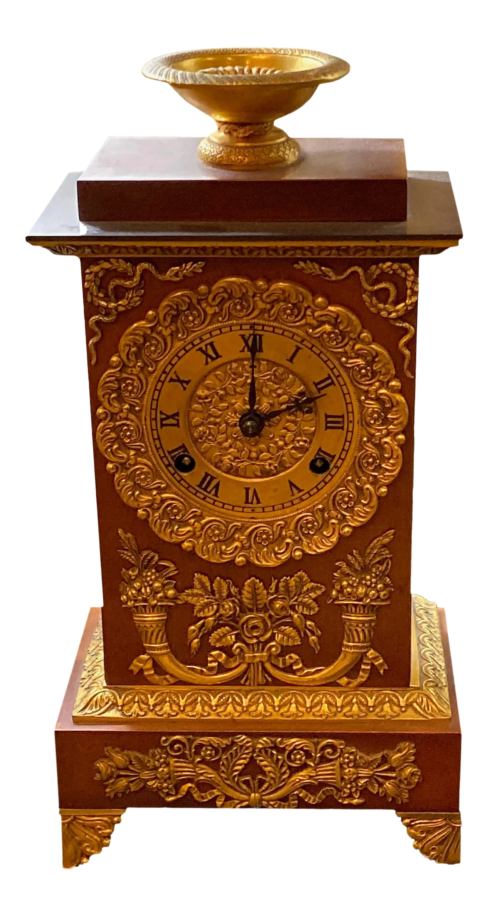19th Century French Empire Ormolu Style Clock: French empire ormolu style clock with key. 9.5" Wide x 5.5" deep x 18.25" High Condition: Alterations: Original Condition Unaltered Imperfections: Some Imperfections Condition Notes: Excellent