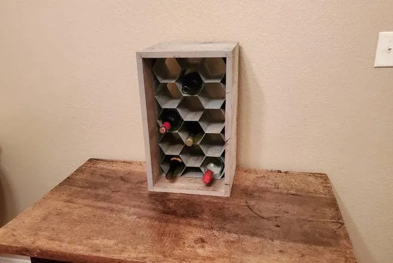 Rustic Patinated Galvanized Steel Honeycomb & Wooden Case Fourteen Wine Bottle Holder Rack - 10