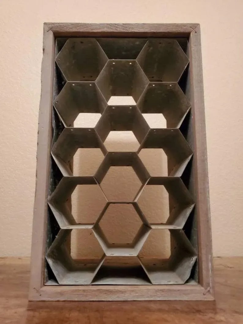 Rustic Patinated Galvanized Steel Honeycomb & Wooden Case Fourteen Wine Bottle Holder Rack - 11