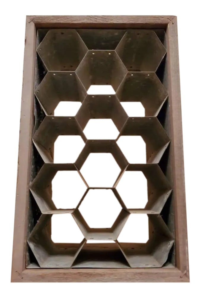 Rustic Patinated Galvanized Steel Honeycomb & Wooden Case Fourteen Wine Bottle Holder Rack (1 of 11)