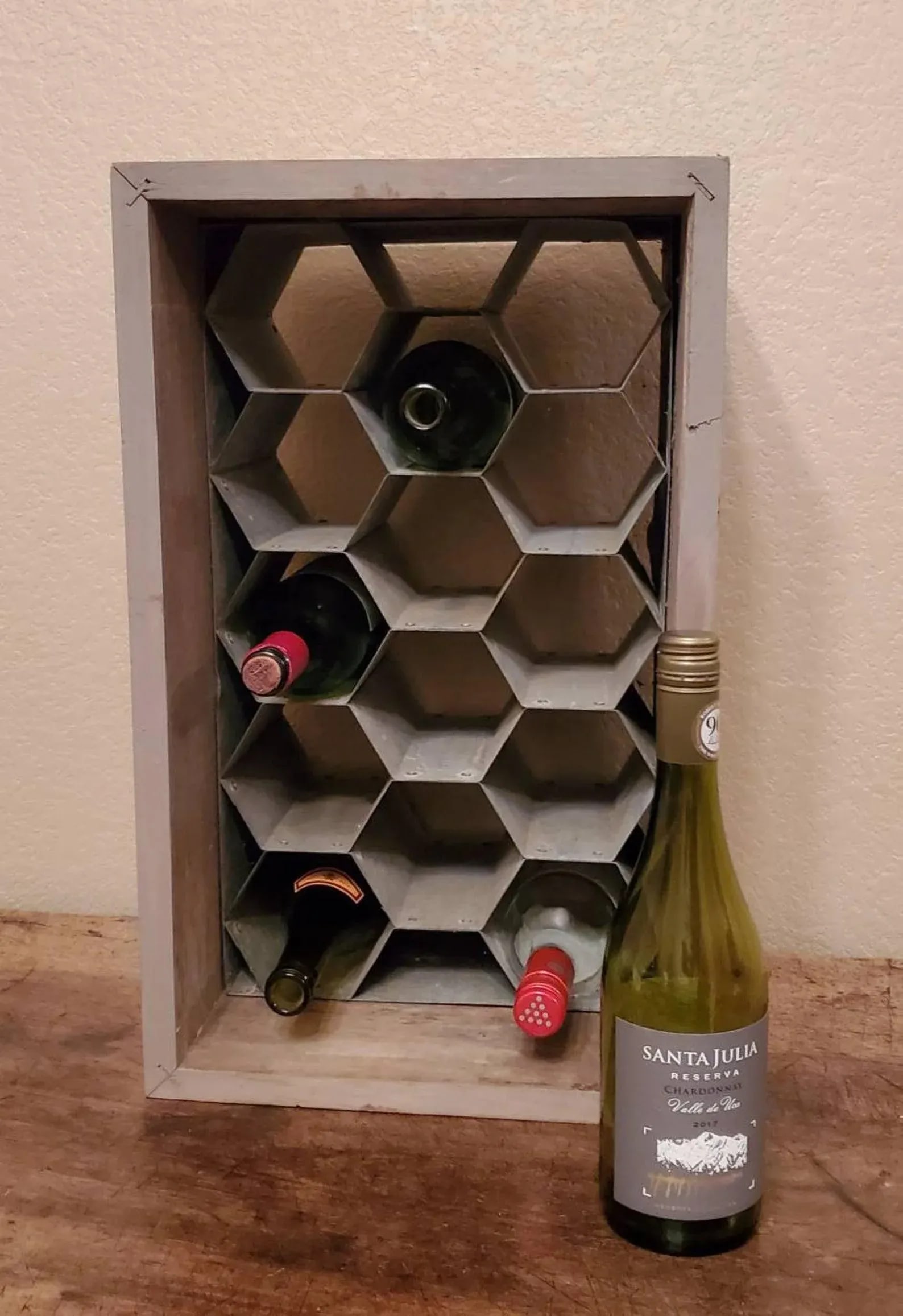 Rustic Patinated Galvanized Steel Honeycomb & Wooden Case Fourteen Wine Bottle Holder Rack - 2
