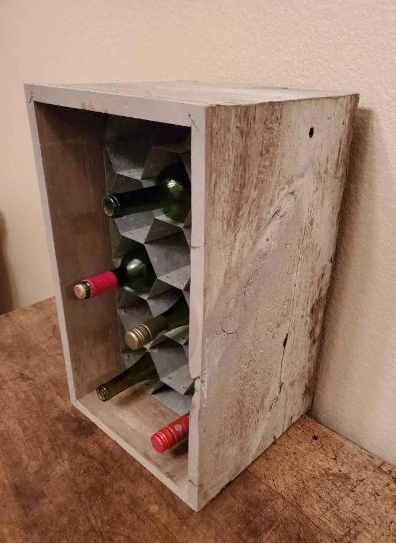 Rustic Patinated Galvanized Steel Honeycomb & Wooden Case Fourteen Wine Bottle Holder Rack - 3