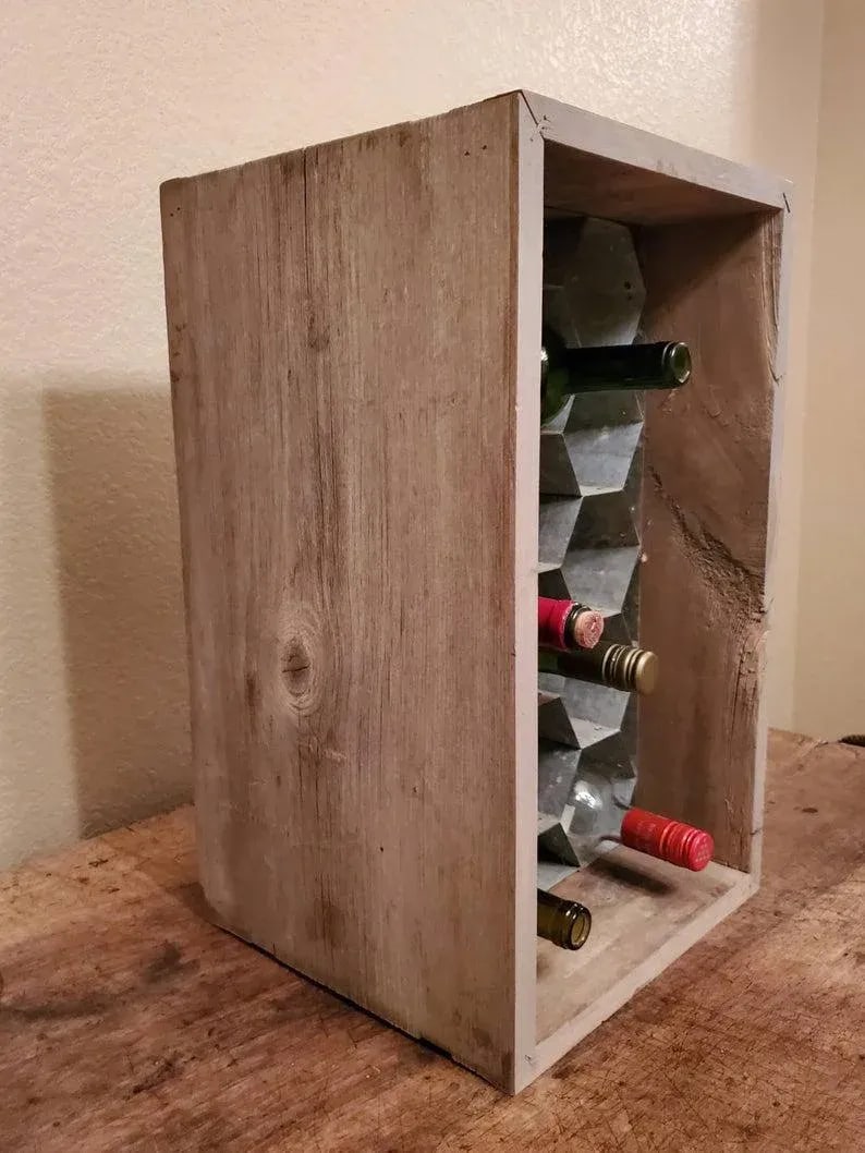 Rustic Patinated Galvanized Steel Honeycomb & Wooden Case Fourteen Wine Bottle Holder Rack - 4