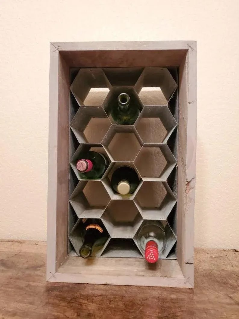 Rustic Patinated Galvanized Steel Honeycomb & Wooden Case Fourteen Wine Bottle Holder Rack - 5