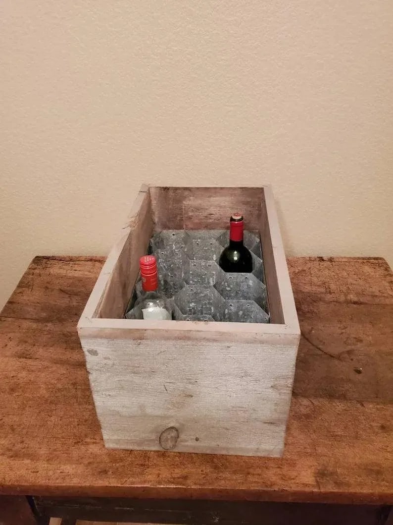 Rustic Patinated Galvanized Steel Honeycomb & Wooden Case Fourteen Wine Bottle Holder Rack - 6