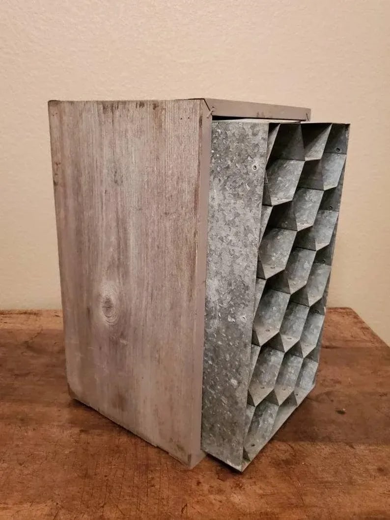 Rustic Patinated Galvanized Steel Honeycomb & Wooden Case Fourteen Wine Bottle Holder Rack - 7