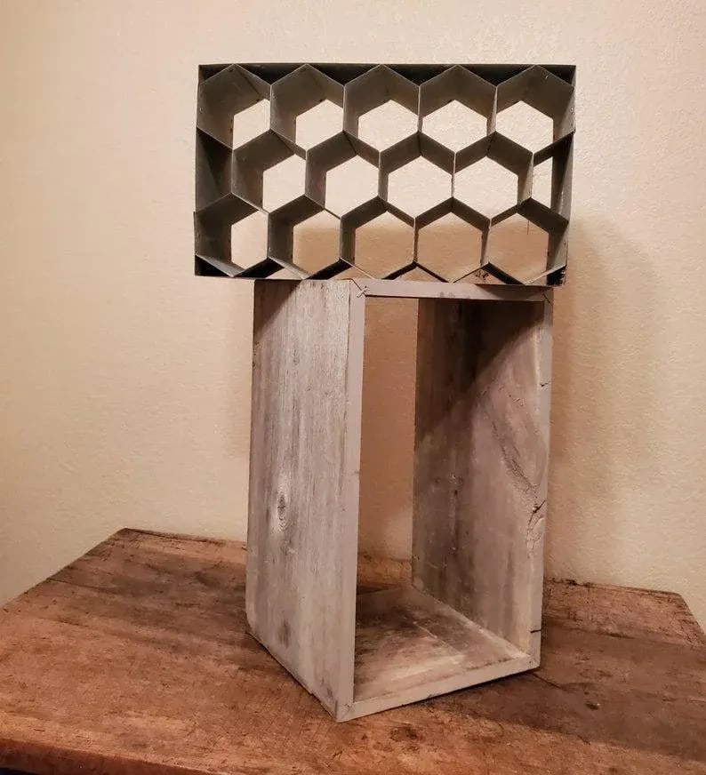 Rustic Patinated Galvanized Steel Honeycomb & Wooden Case Fourteen Wine Bottle Holder Rack - 8