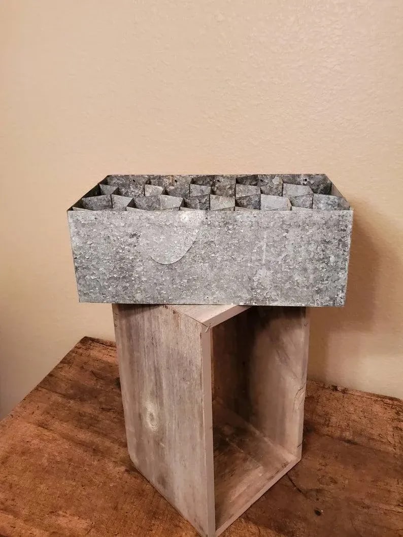 Rustic Patinated Galvanized Steel Honeycomb & Wooden Case Fourteen Wine Bottle Holder Rack - 9