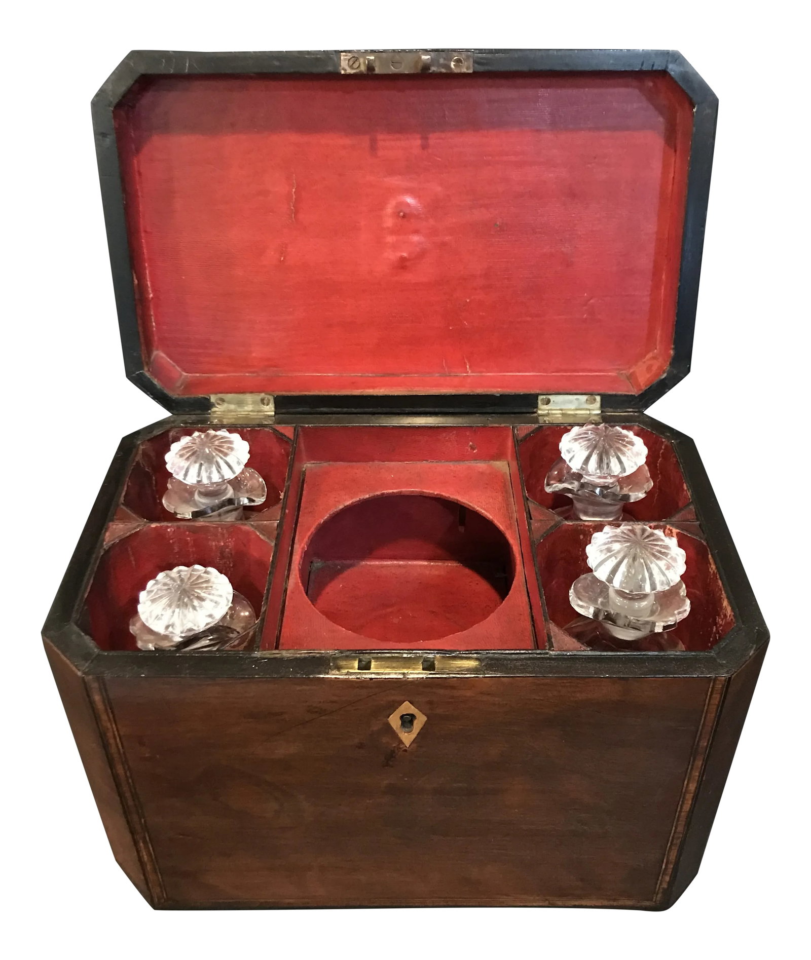 Antique English Mahogany Decanter Box: English Mahogany Decanter box with stain wood inlay and beautiful hand blown crystal decanters. One decanter is slightly smaller, please see photos. Condition: Alterations: Original Condition