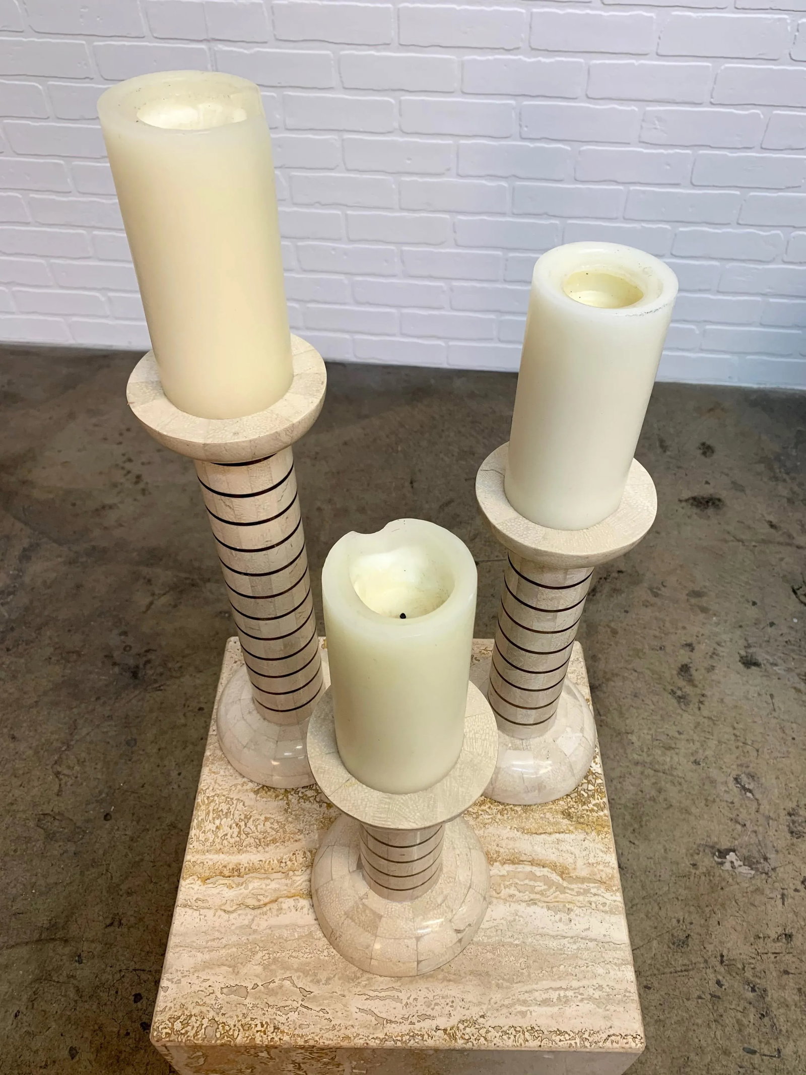 Tessellated Stone and Brass Candlesticks - Set of 3 - 10