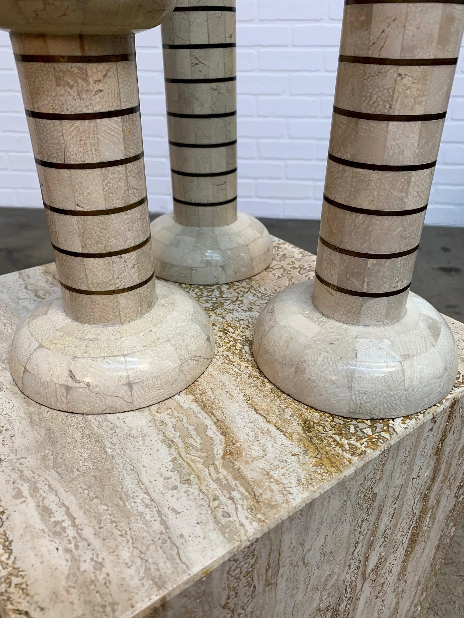 Tessellated Stone and Brass Candlesticks - Set of 3 - 11