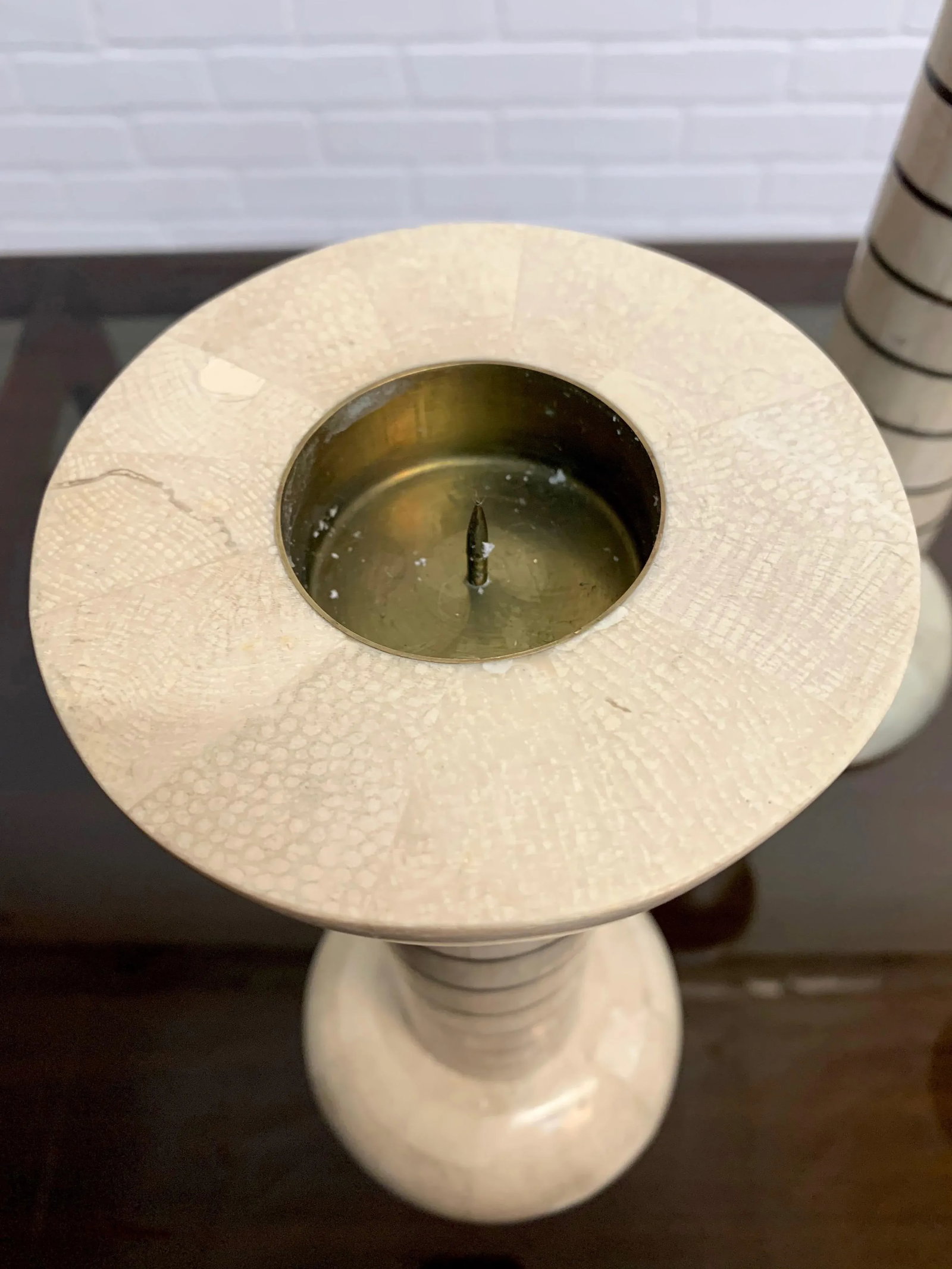 Tessellated Stone and Brass Candlesticks - Set of 3 - 12