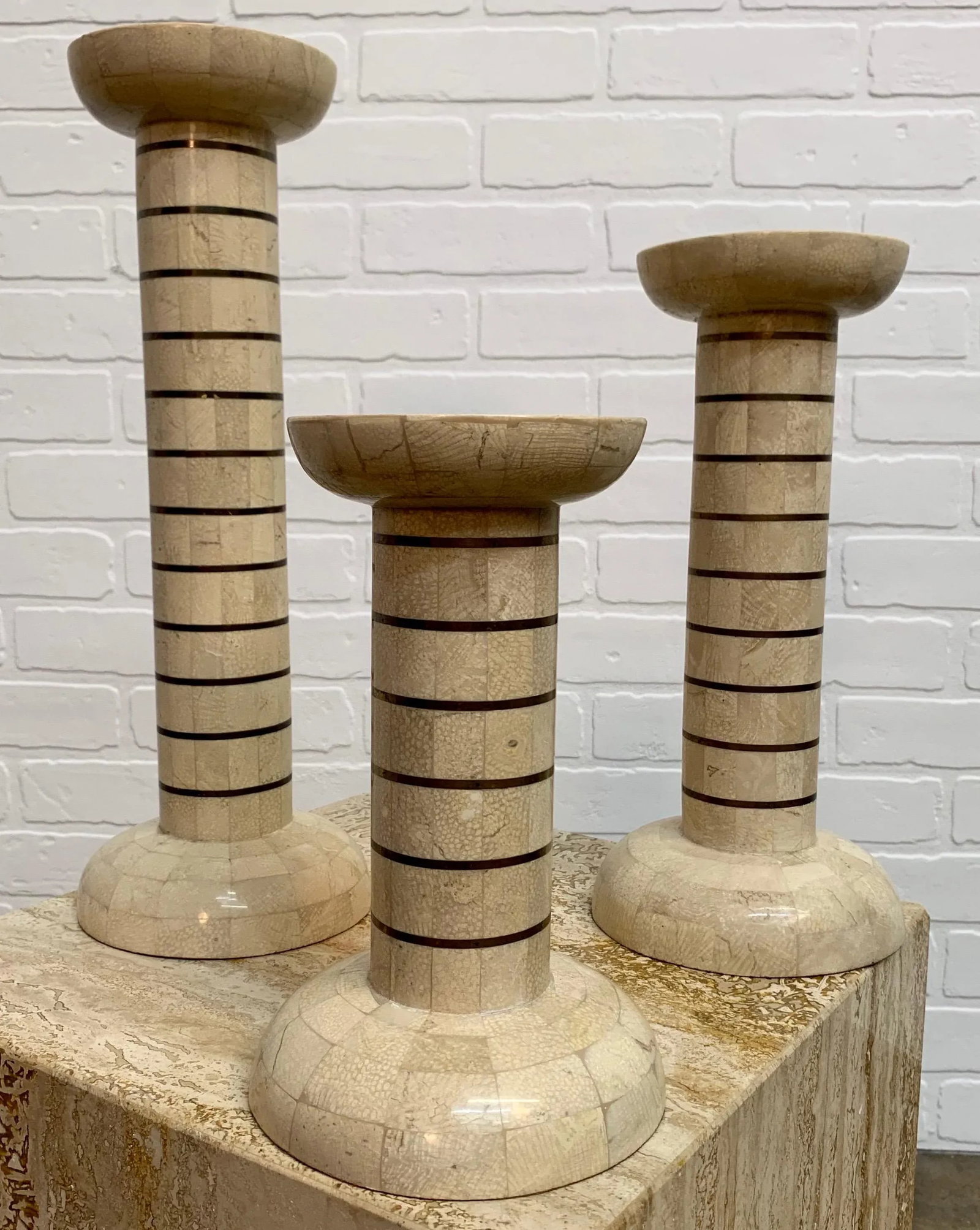 Tessellated Stone and Brass Candlesticks - Set of 3 - 13