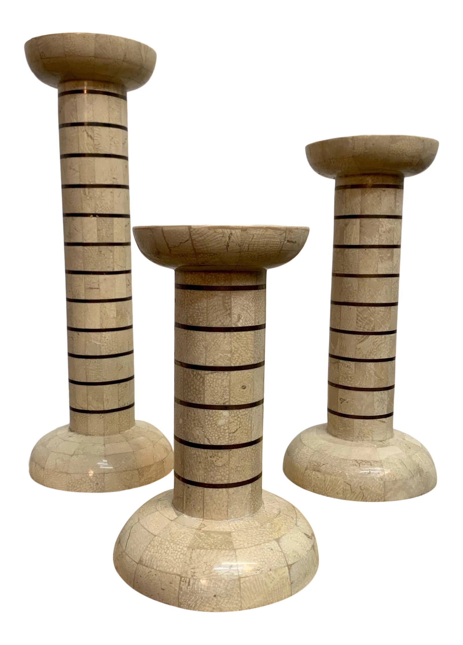 Tessellated Stone and Brass Candlesticks - Set of 3: Vintage set of three candlesticks in the style of Maitland Smith. Condition: Alterations: Original Condition Unaltered Imperfections: Some Imperfections Condition Notes: Nice patina to the brass