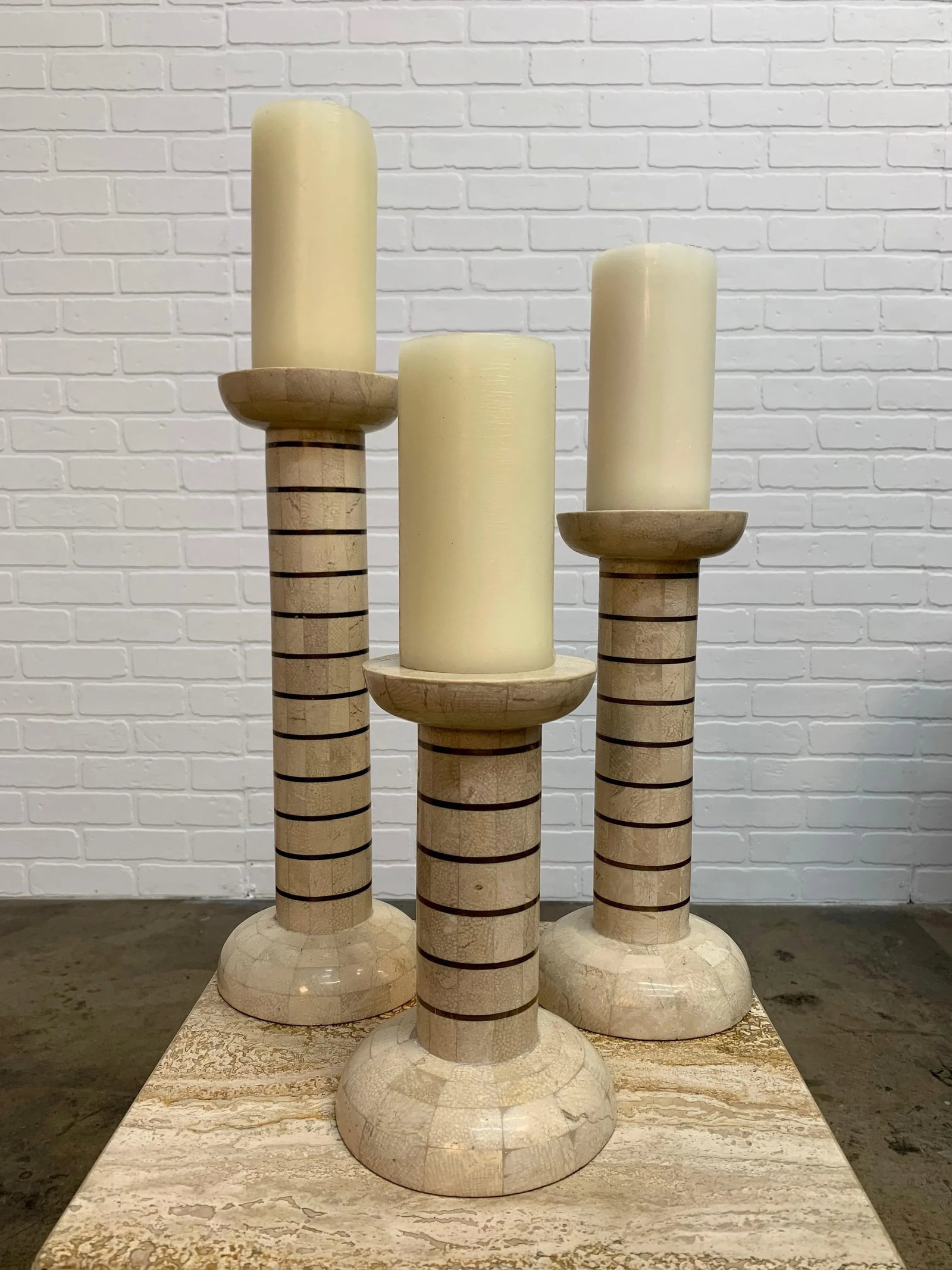 Tessellated Stone and Brass Candlesticks - Set of 3 - 3