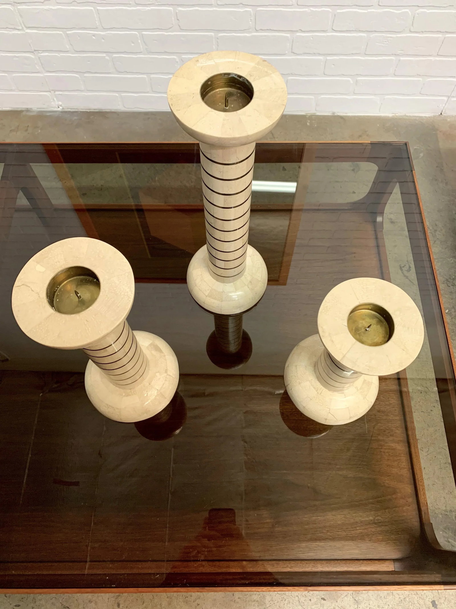 Tessellated Stone and Brass Candlesticks - Set of 3 - 4