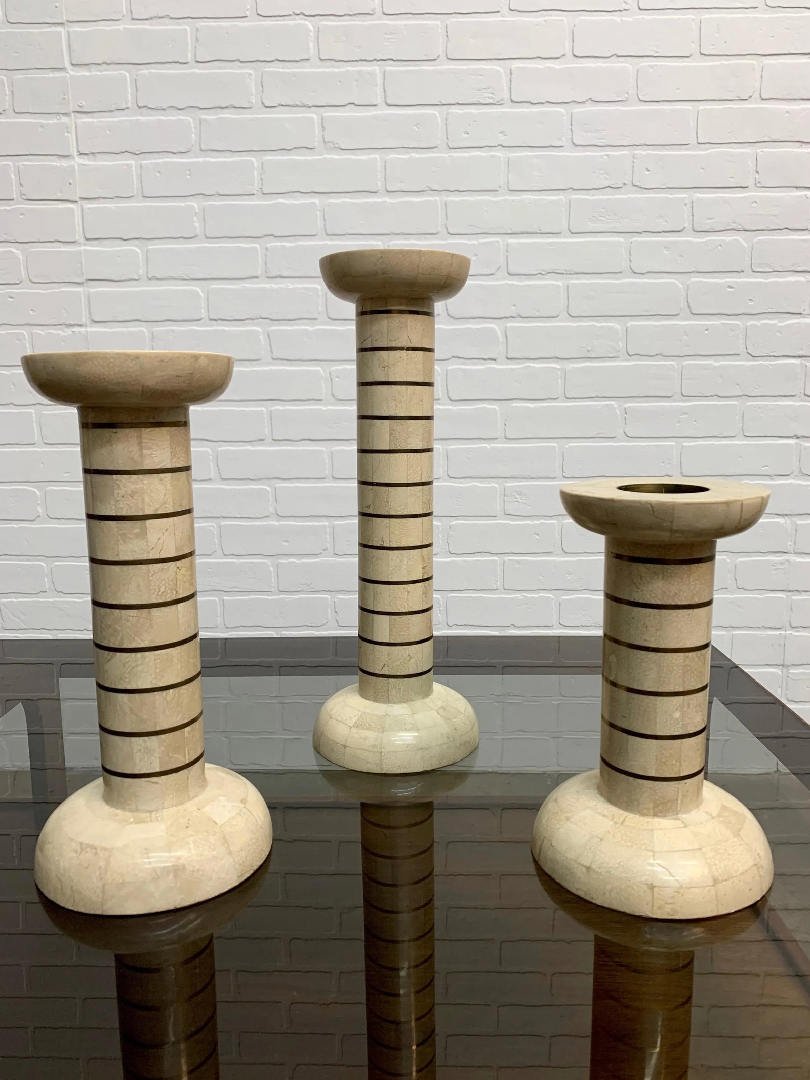 Tessellated Stone and Brass Candlesticks - Set of 3 - 5