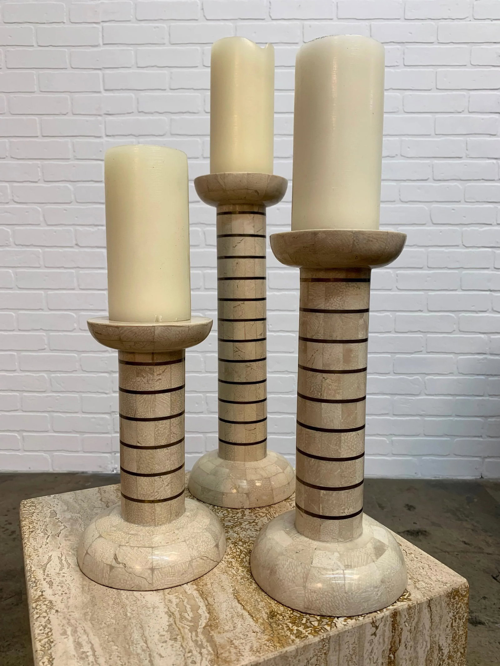 Tessellated Stone and Brass Candlesticks - Set of 3 - 6