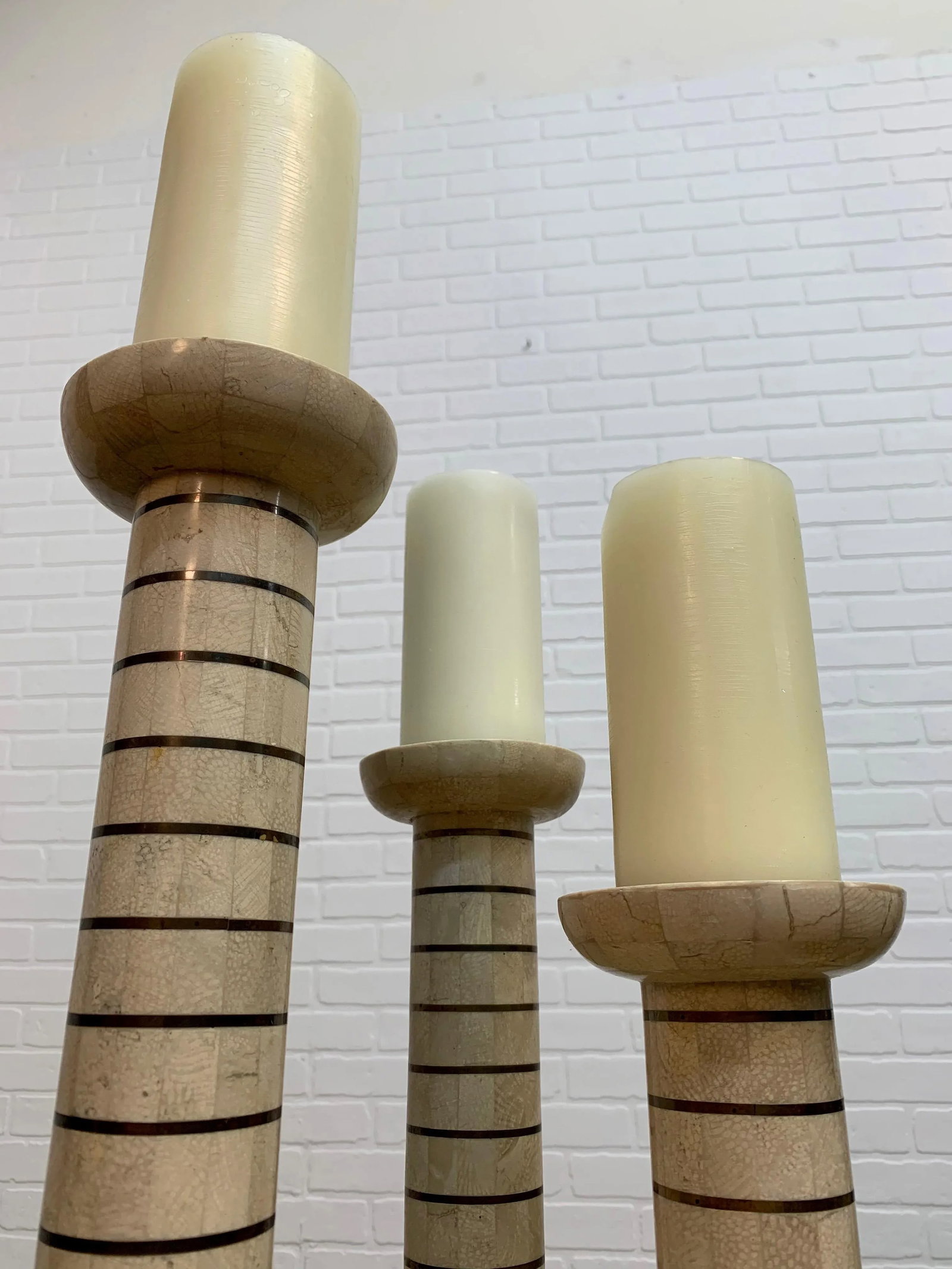 Tessellated Stone and Brass Candlesticks - Set of 3 - 7